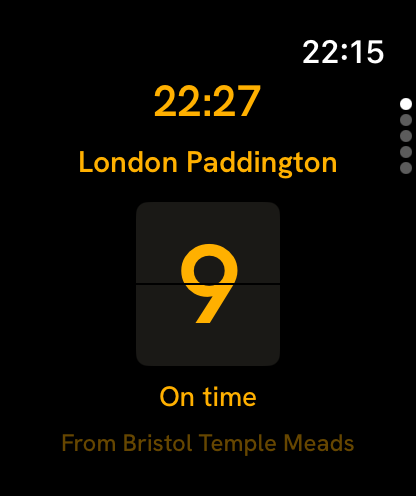 Platted on Apple Watch: 22:27 to London Paddington, platform 9, on time